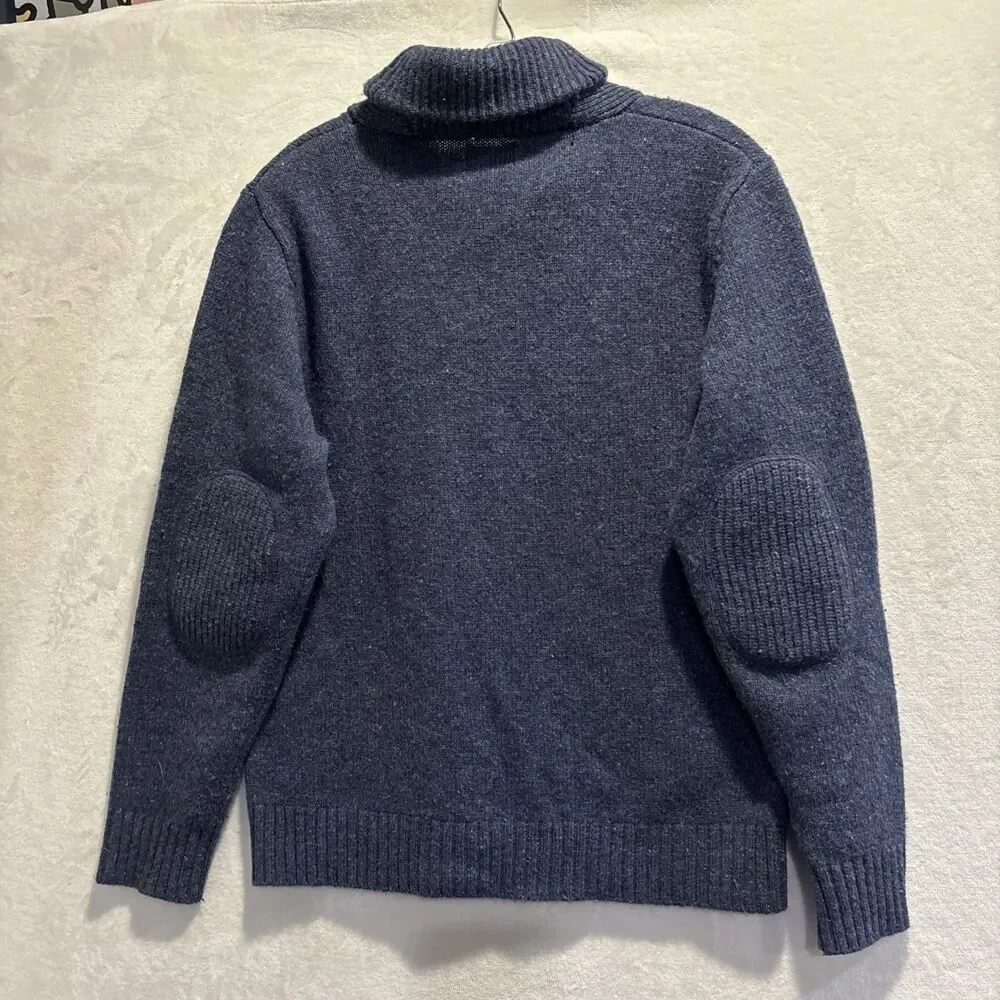 LL Bean Shetland Wool Shawl Collar Sweater Men's Size Large Blue Elbow Patches